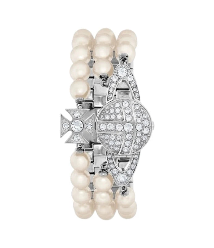 Reloj plateado con orbe de gemas y triple tira de perlas