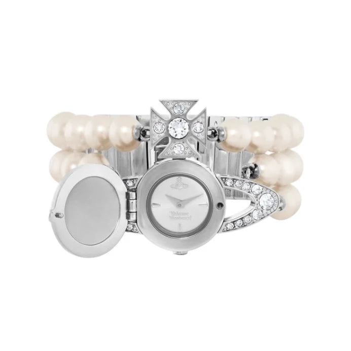 Reloj plateado con orbe de gemas y triple tira de perlas