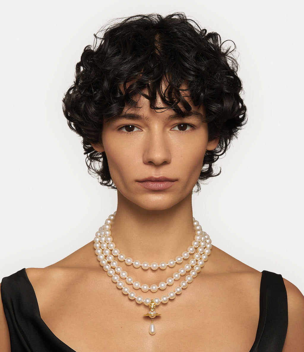 Collar triple perlas de gota dorada