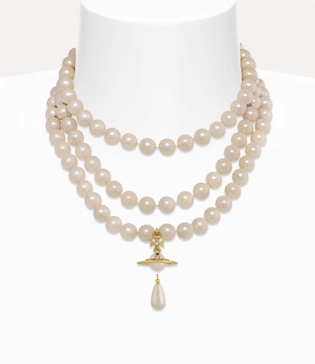 Collar triple perlas de gota dorada