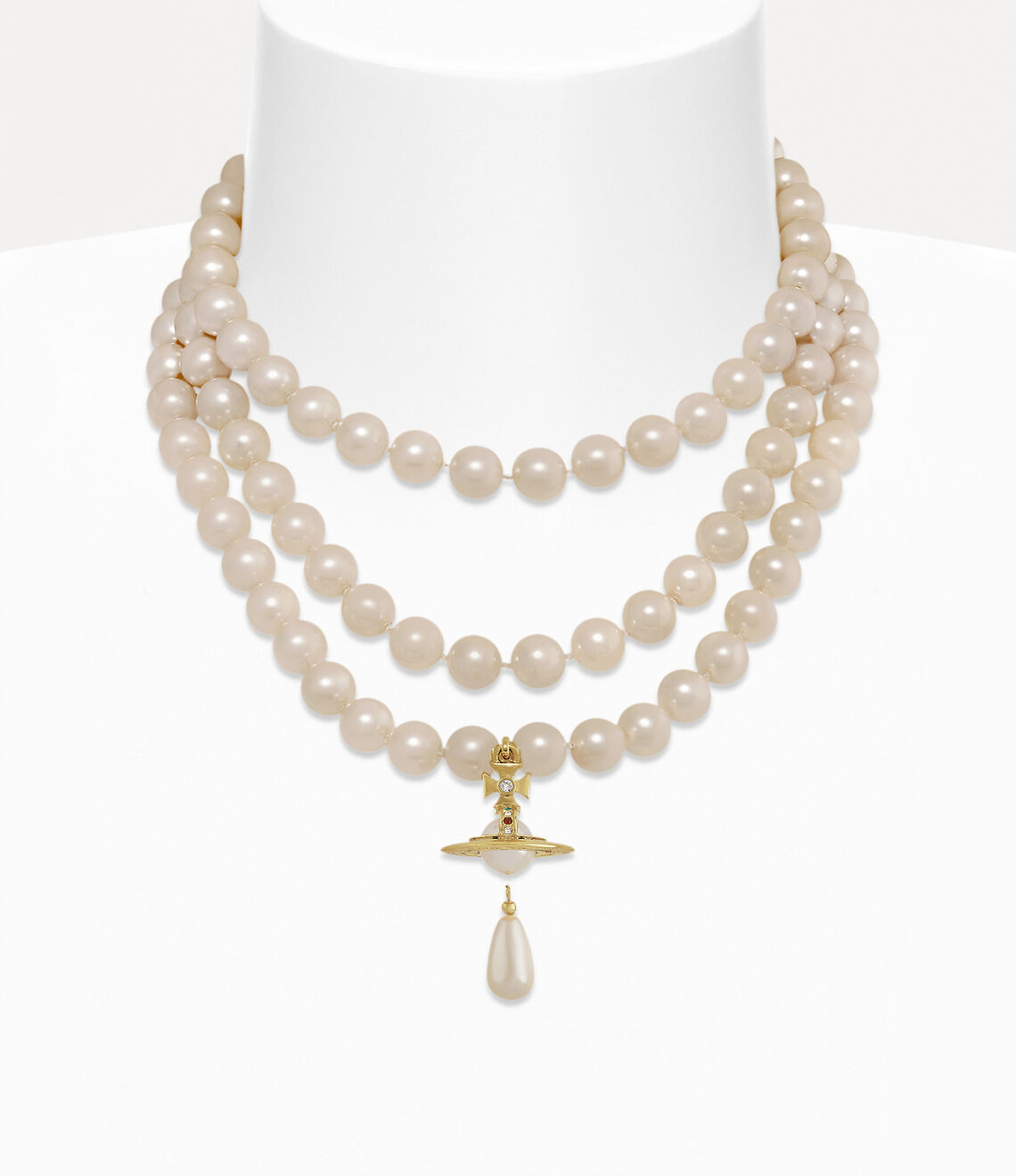 Collar triple perlas de gota dorada