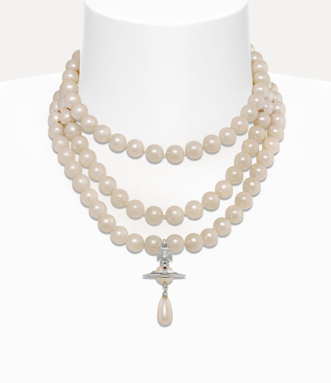 Collar triple perlas de gota plateada