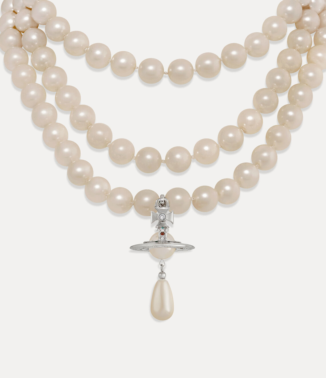 Collar triple perlas de gota plateada